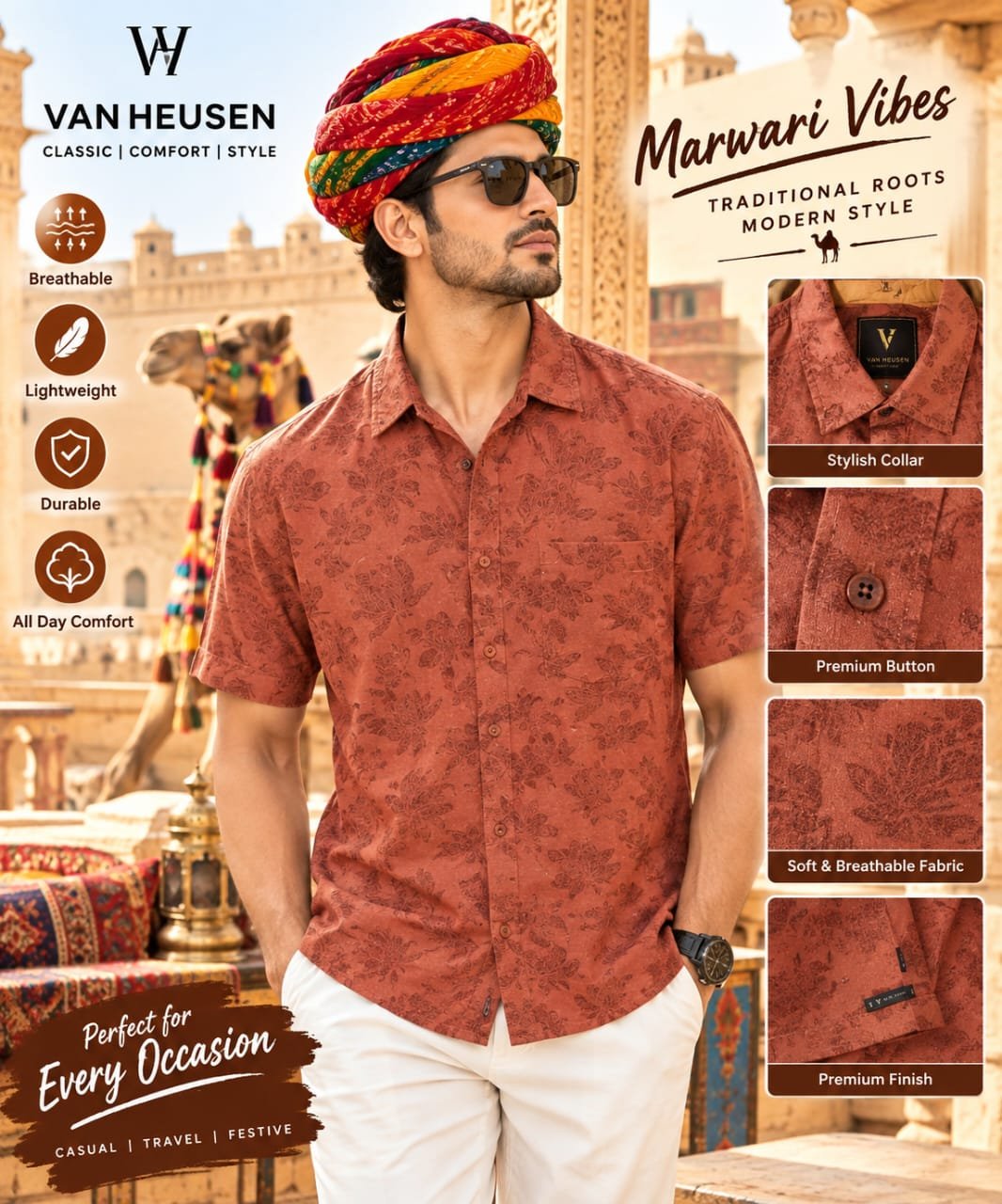 Van Heusen Men Red Print Half Sleeves Party Casual Shirt
