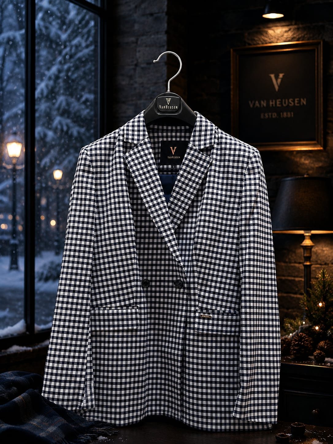 Checked Double-Breasted Blazer with Flap Pockets |
