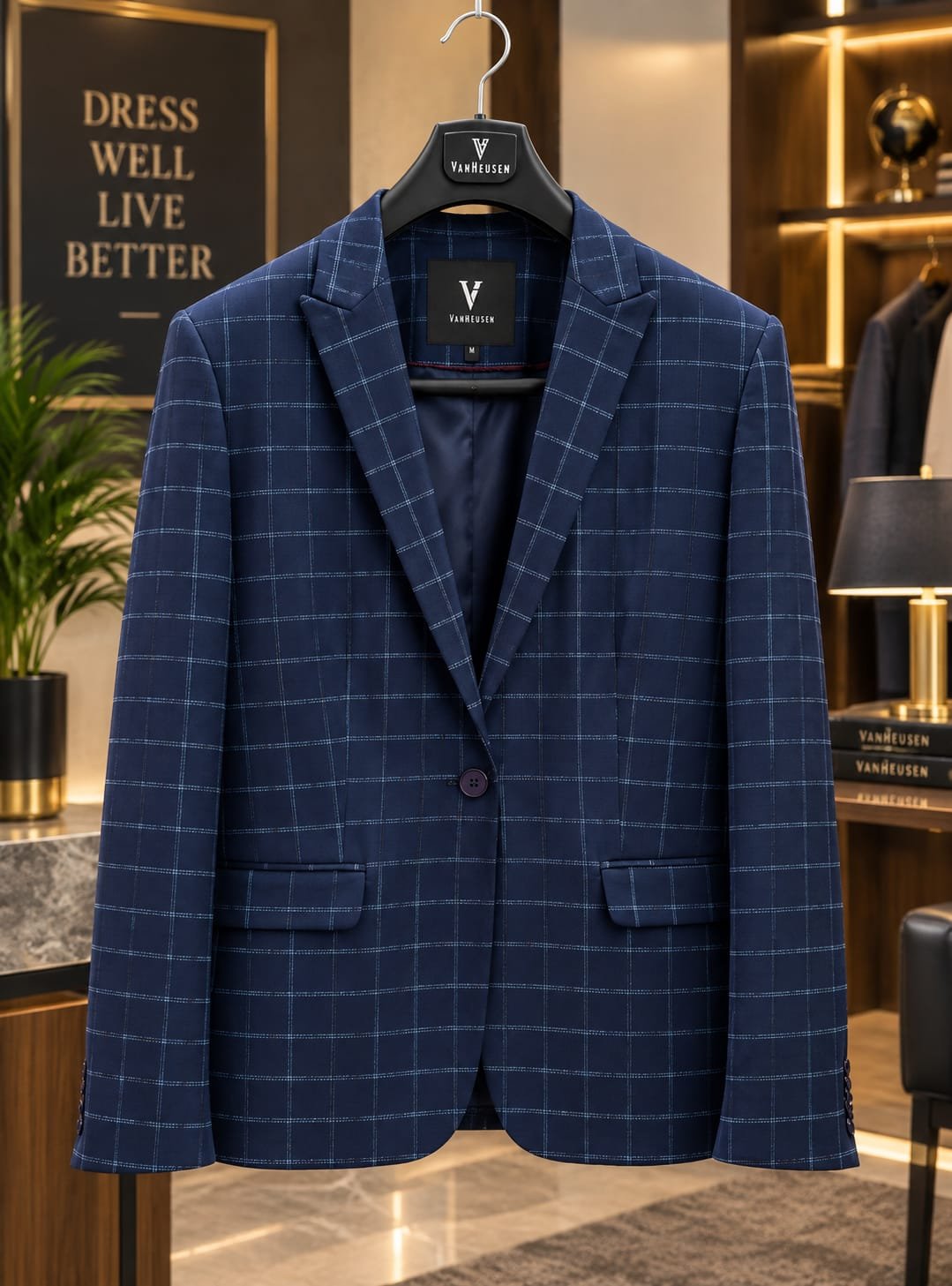 WOMEN NAVY CHECK BLAZER
