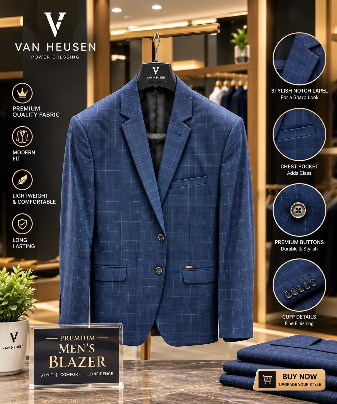 Men Navy Check Slim Fit Formal Blazer